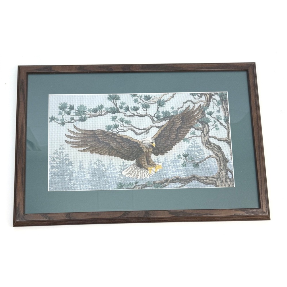 Eagle in Flight Cross Stitch 24.5x15.5 Green Matting Pine Tree Forest Wall Art